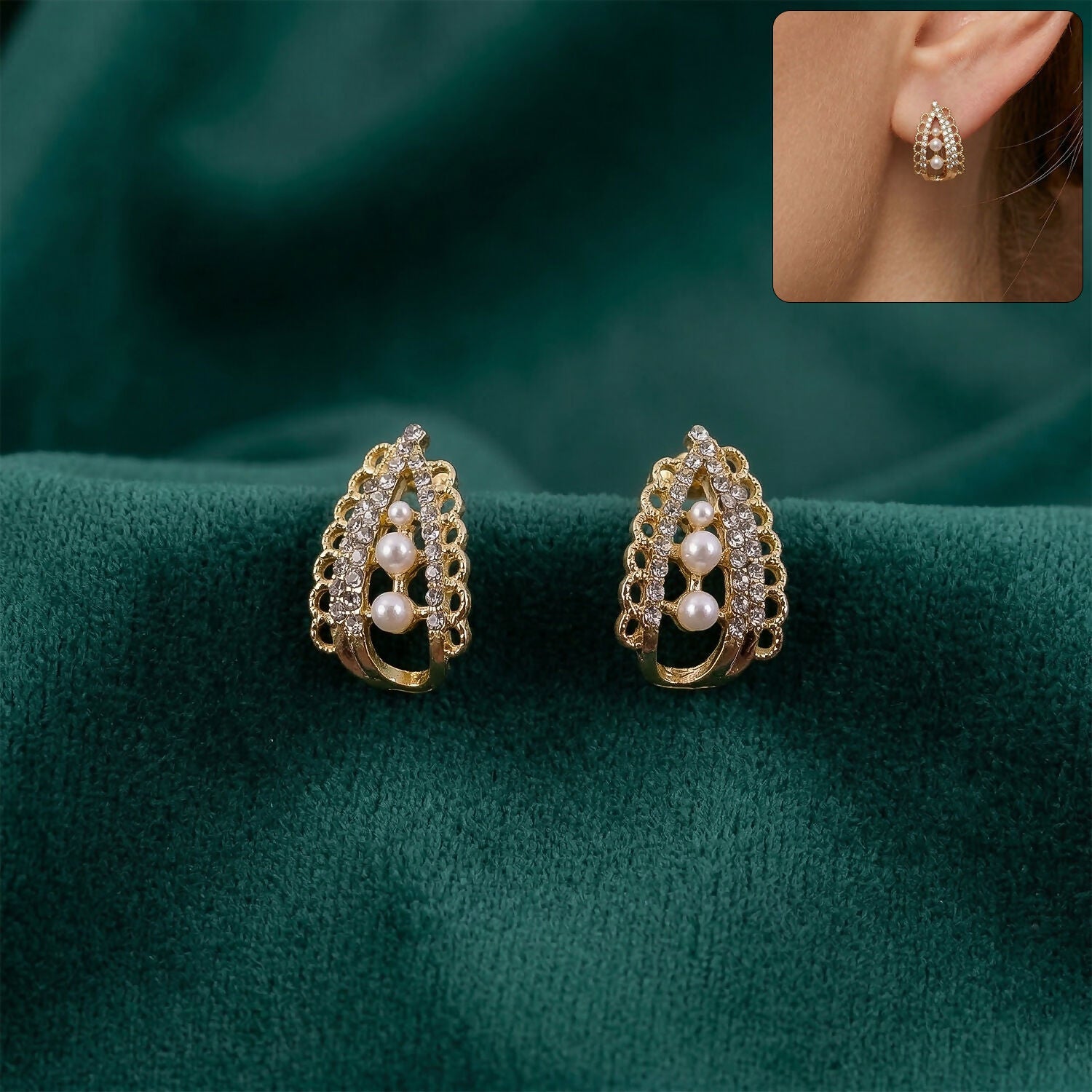Pearl Stud Earrings – Korean Crystal Arch & Triple Pearl Design