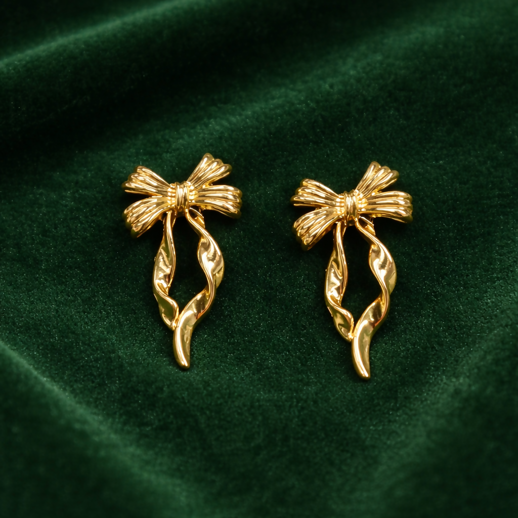 Gold Bow Drop Earrings – Elegant Party Wear for Women