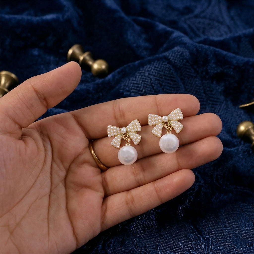 Crystal Pearl Studs – Elegant Korean Ribbon Bow Earrings