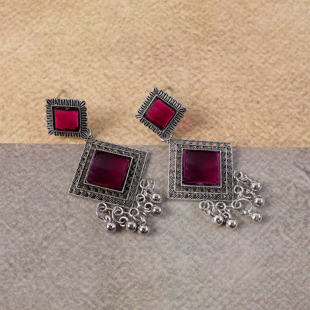 Oxidised Indian Dangler Earrings – Red Square Monalisa Stones