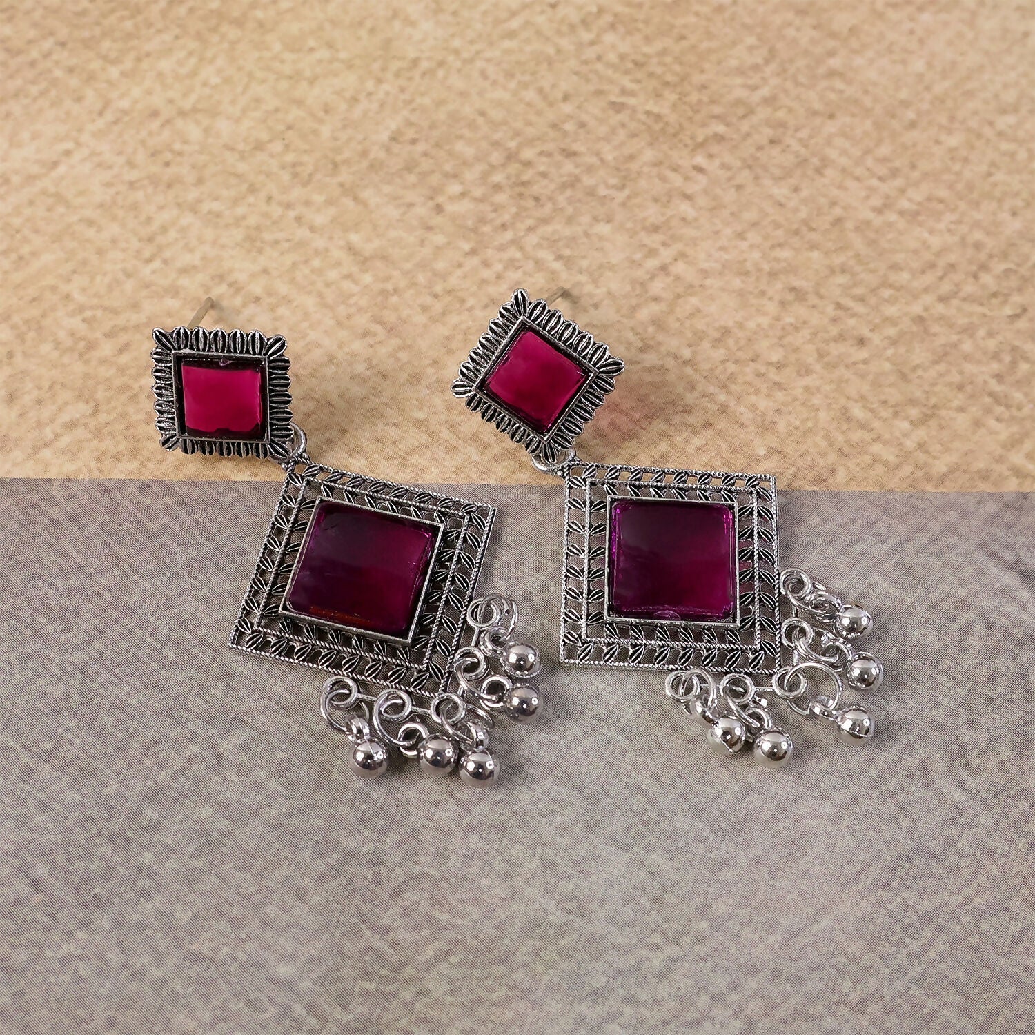 Oxidised Indian Dangler Earrings – Red Square Monalisa Stones