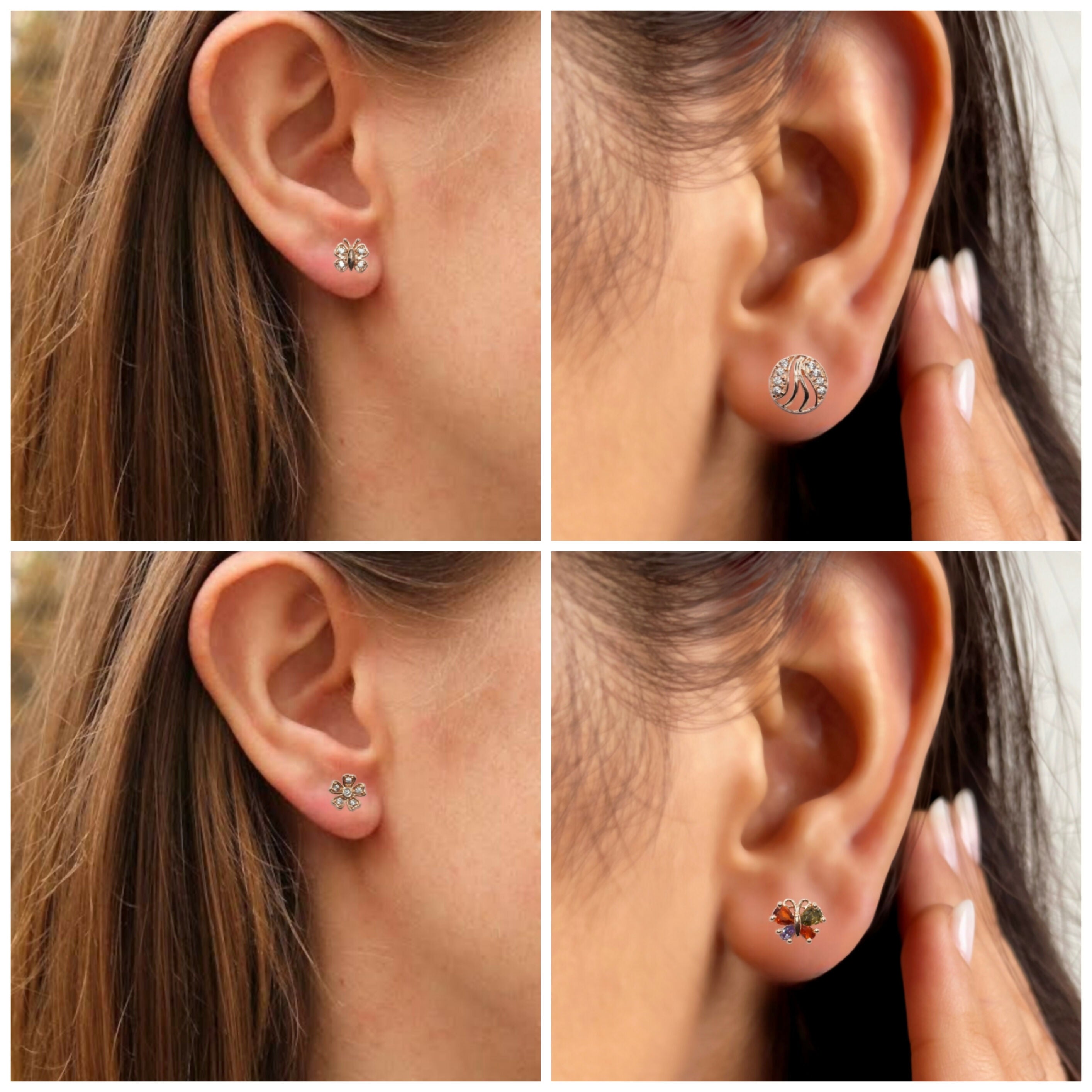 Rose Gold Stud Earrings Set – Butterfly & Flower Combo Pack of 4