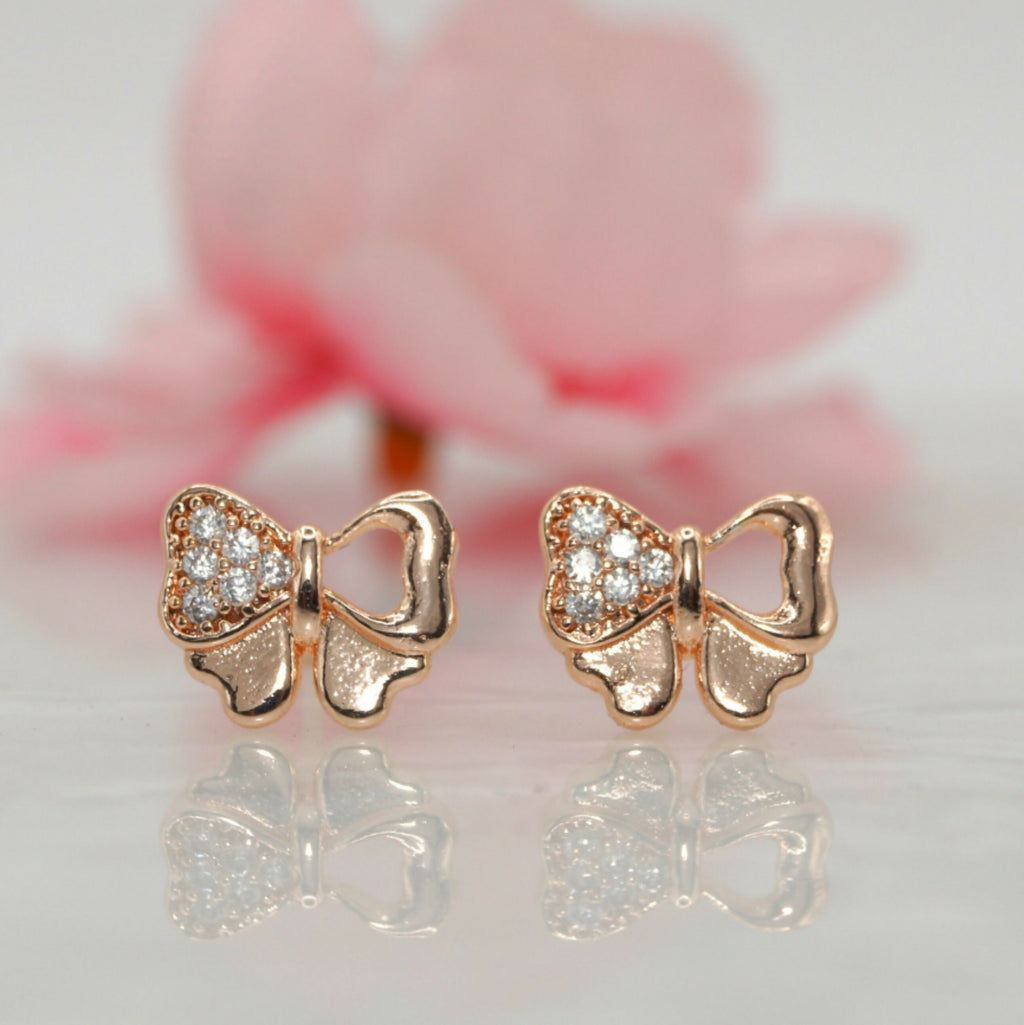 Rose Gold Plated Bowknot Stud Earrings with AD Diamond Accent – Elegant Charm