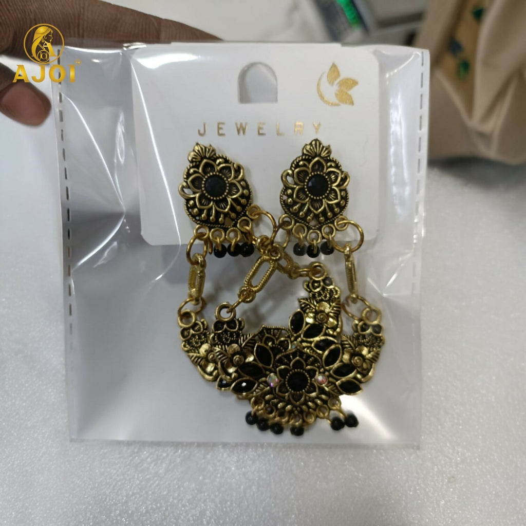 Chandbali Earrings – Antique Gold-Plated Floral with Black Stones