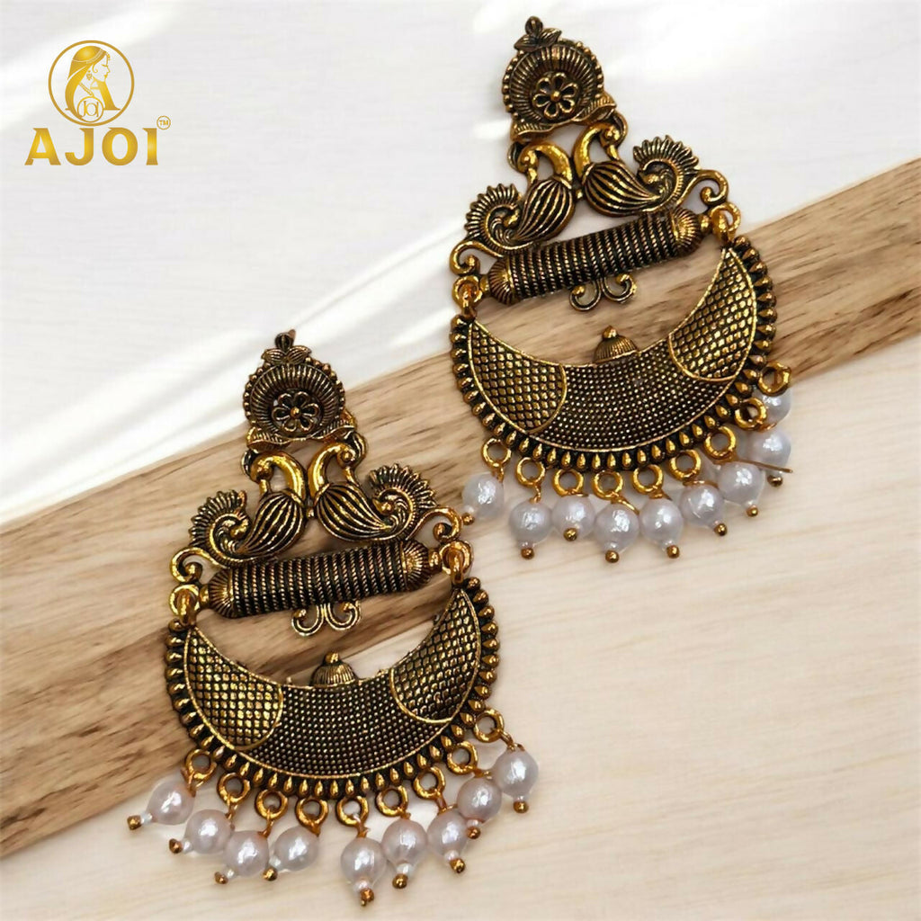 Antique Gold Tribal Chandbali Earrings – Elegant Pearl Drops
