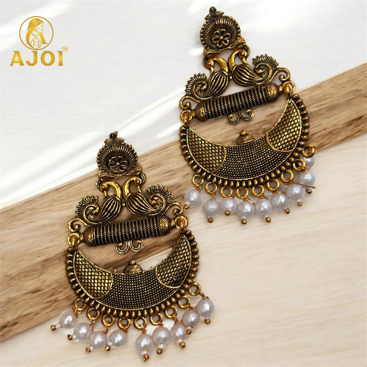 Antique Gold Tribal Chandbali Earrings – Elegant Pearl Drops