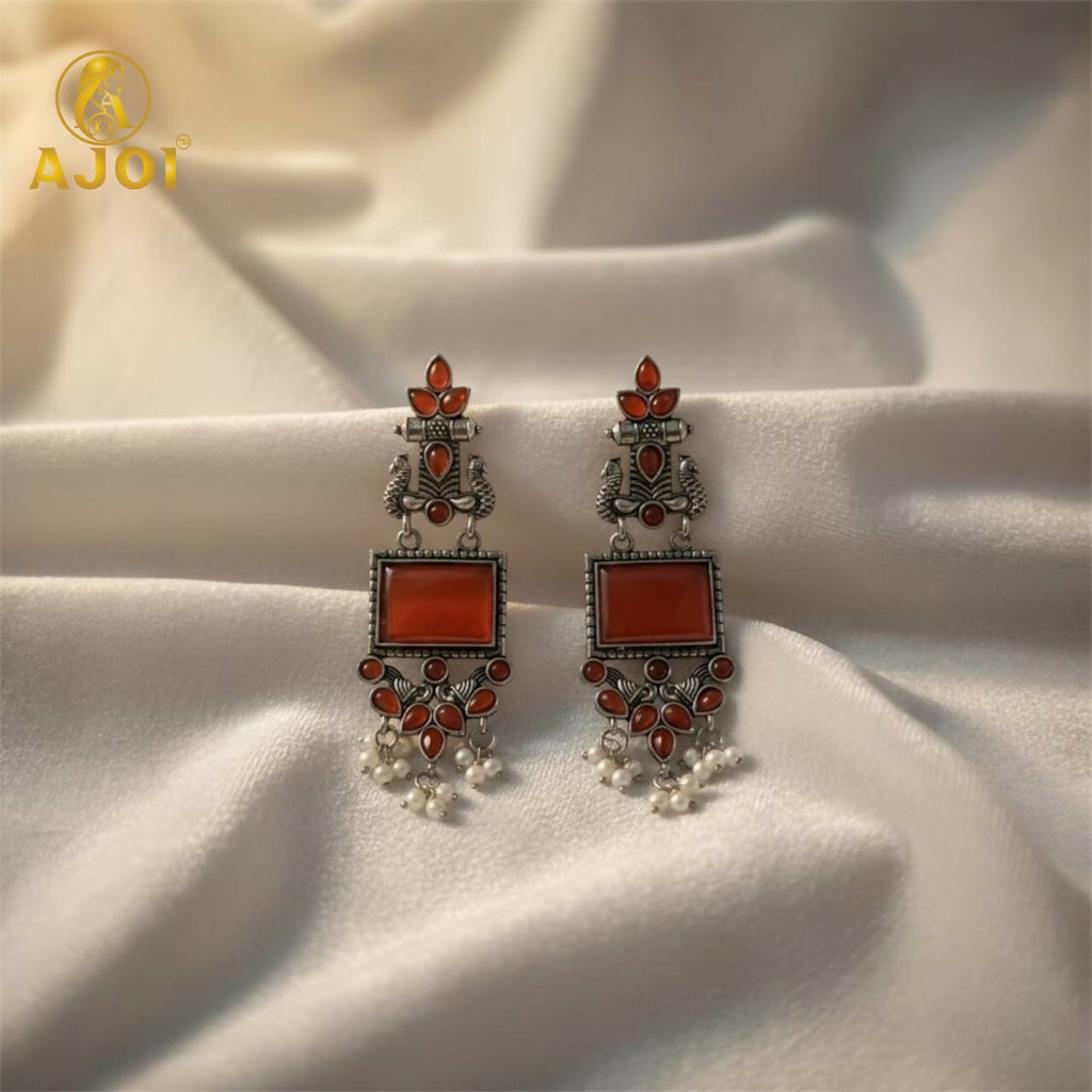Red Stone Oxidised Silver Earrings with Pearl Danglers – Elegant Ethnic Jewelry
