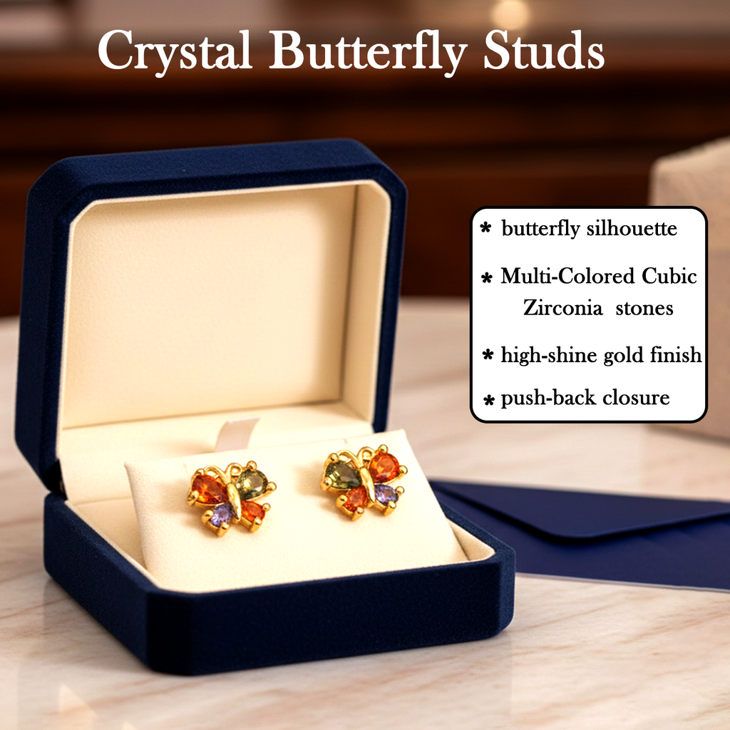 Gold Plated Butterfly Stud Earrings – Multicolored Zircon Sparkle