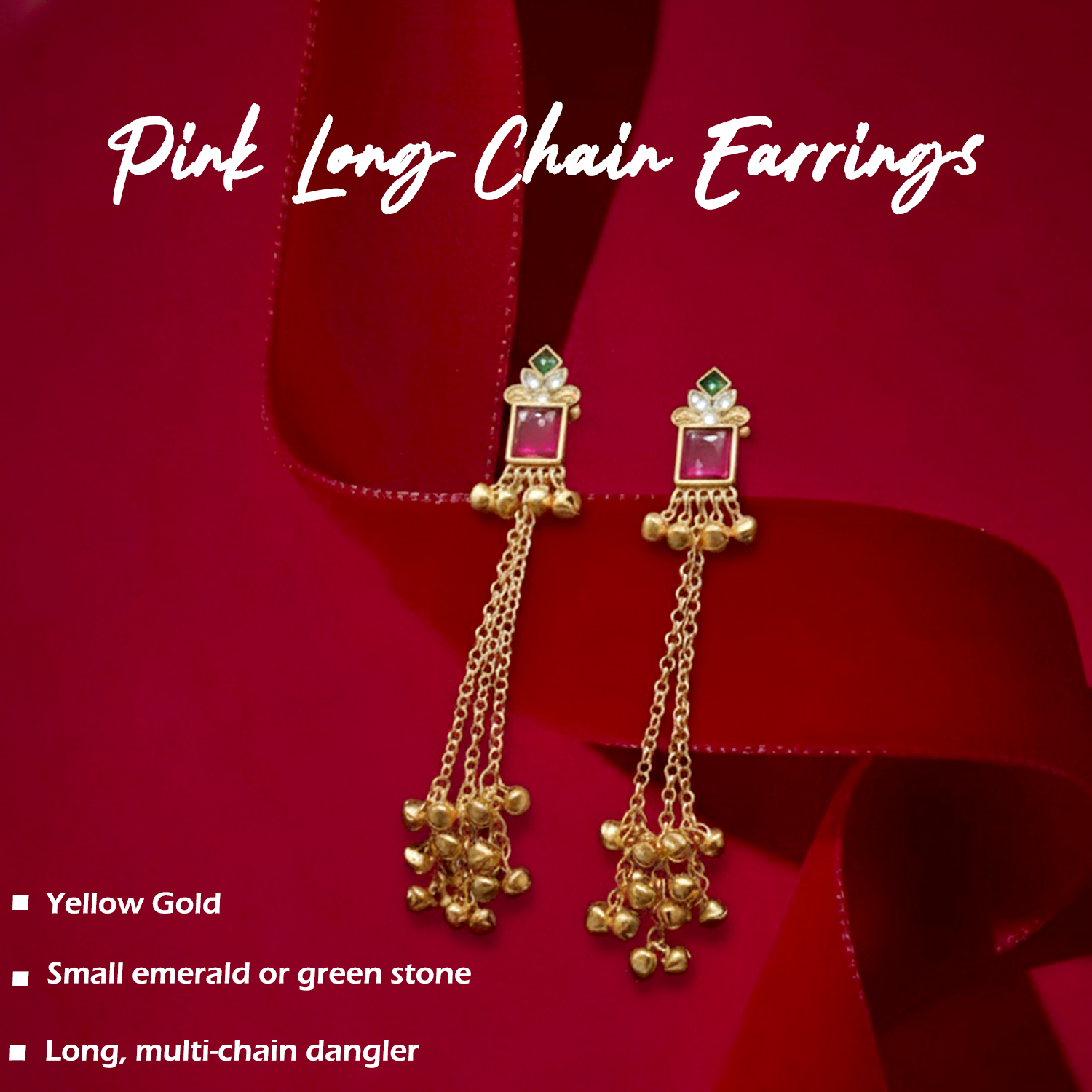 Kashmiri Long Chain Ghungroo Earrings – Elegant Pink & Gold Design