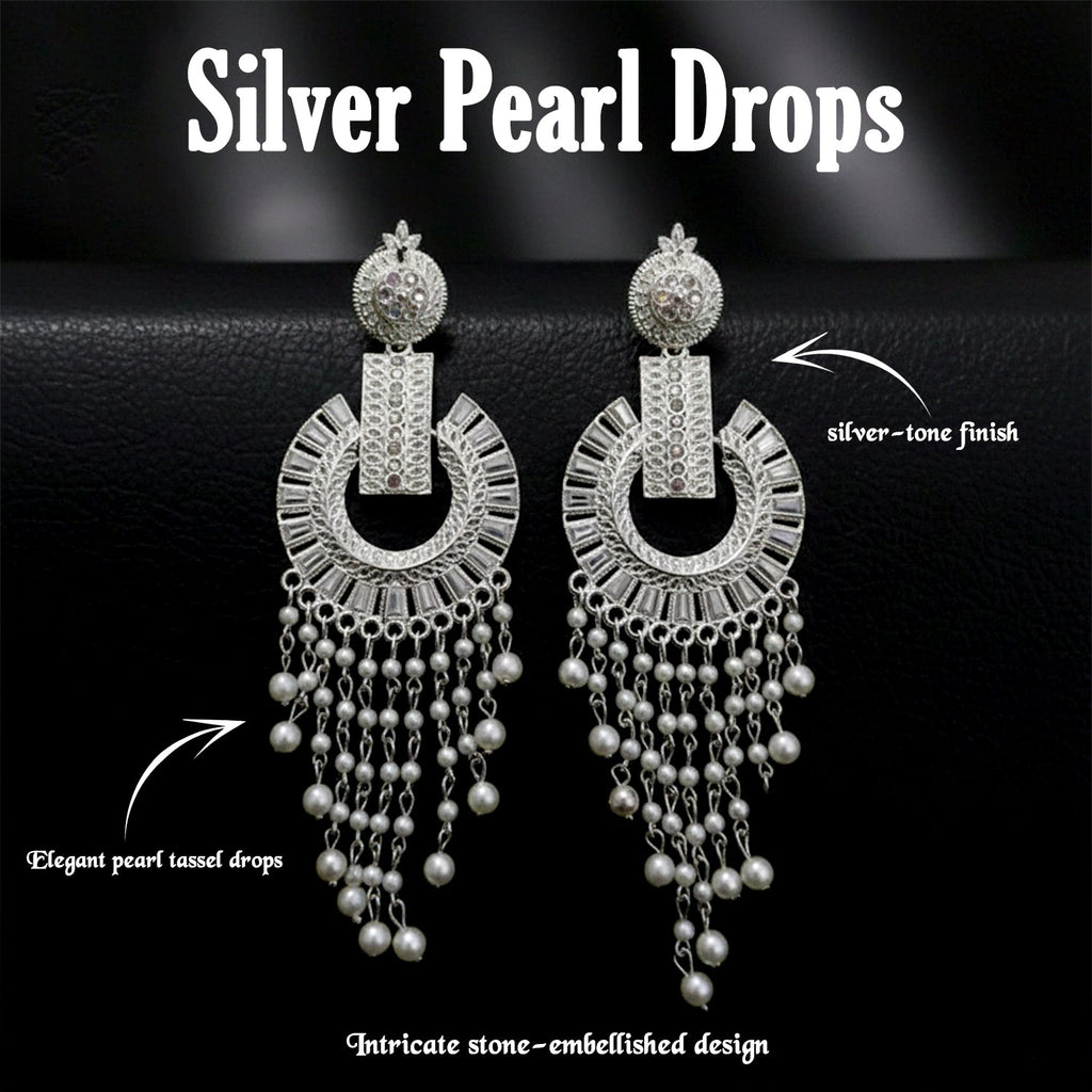 Pearl Tassel Earrings – Elegant Silver-Tone Statement Jewelry