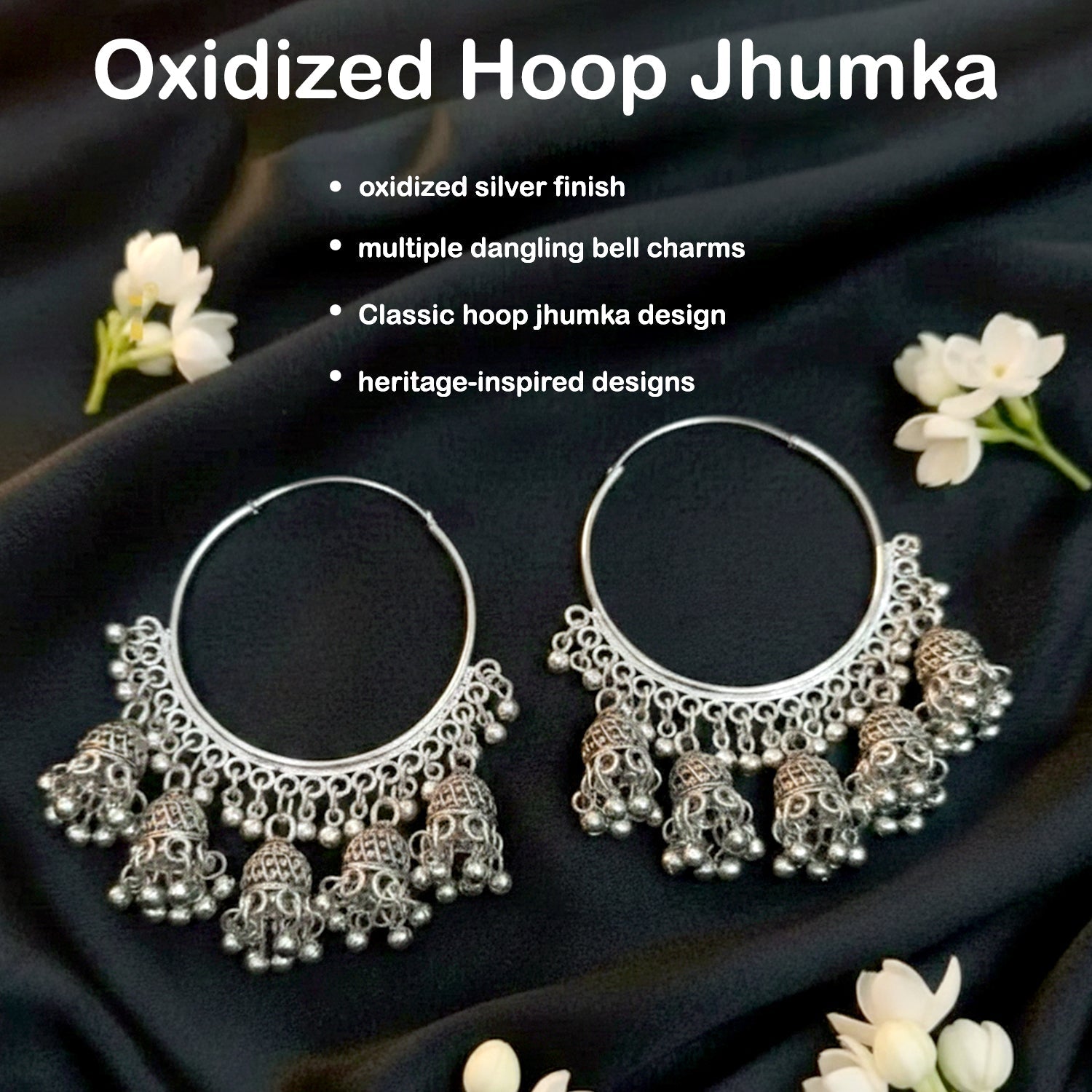 Oxidized Silver Hoop Jhumka Earrings – Intricate Filigree & Bell Danglers