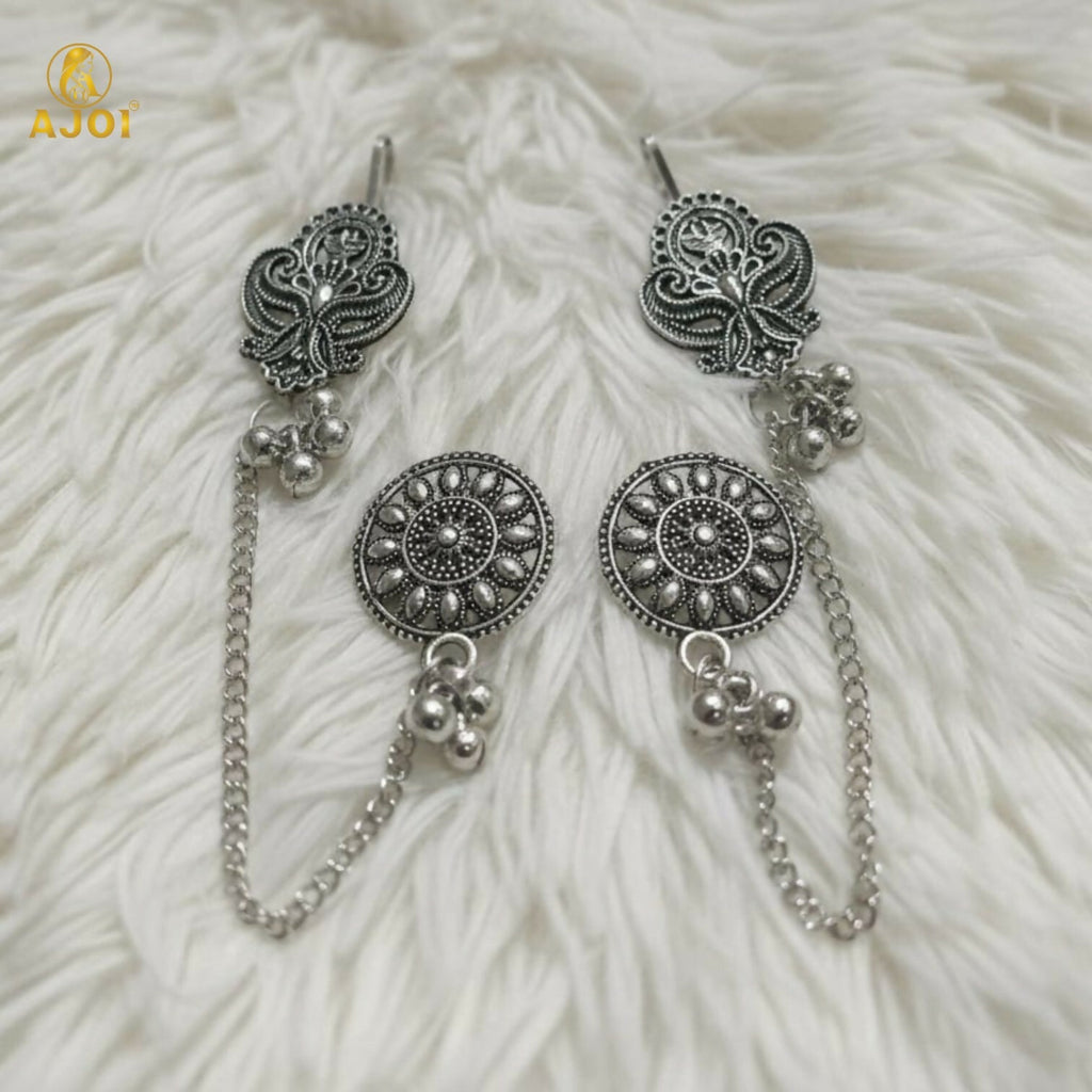 Oxidized Silver Ethnic Chain Drop Earrings – Tribal Indo-Boho Style