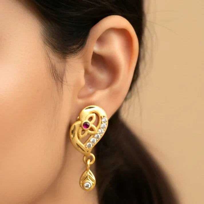 Gold Stud Earrings with Leaf Pattern and Embedded Stones