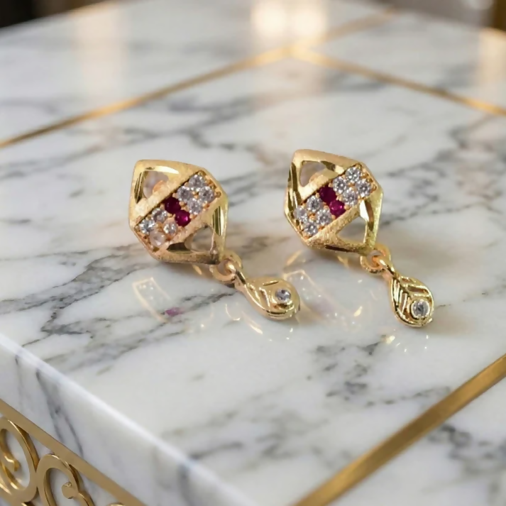 Gold Geometric Earrings – Elegant Sparkling Stones with Drop Charm