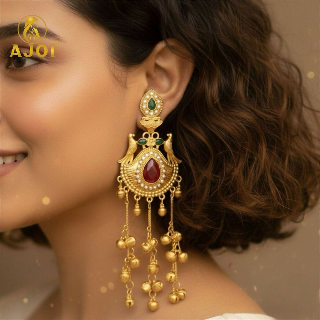 Kashmiri Heritage Gold Dangler Earrings with Red Teardrop Stone