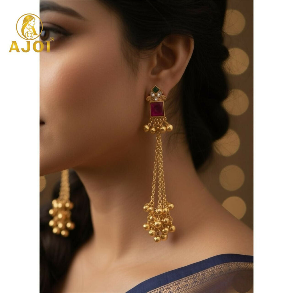 Kashmiri Long Chain Ghungroo Earrings – Elegant Pink & Gold Design
