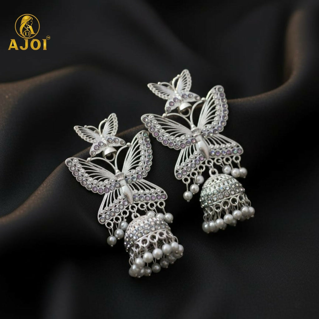 Butterfly Designer Jhumka Earrings – Silver Plated with Pearl Drops