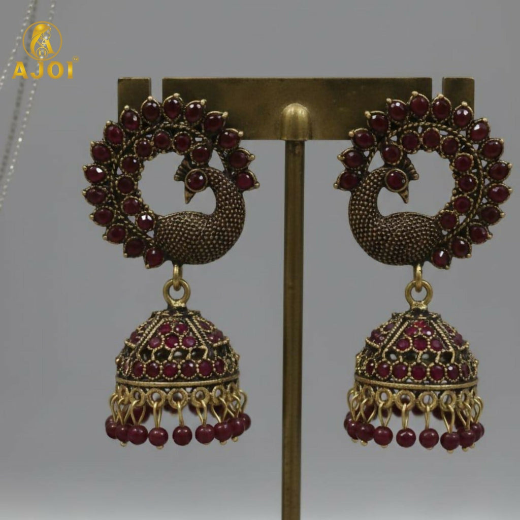 Peacock Jhumka Earrings – Royal Maroon Antique Gold Finish