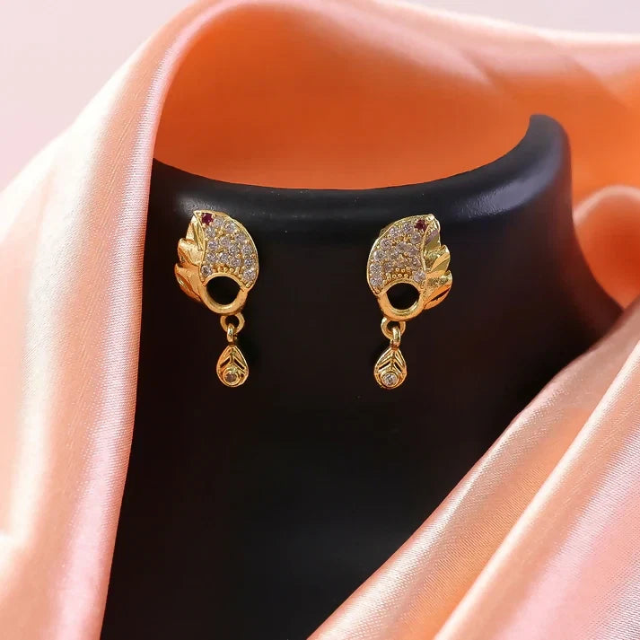 Gold Finish Leaf Pattern Stud Earrings – Elegant Sparkling Stone Drop