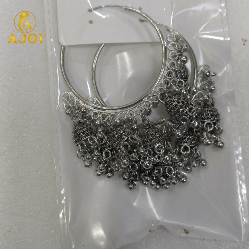 Oxidized Silver Hoop Jhumka Earrings – Intricate Filigree & Bell Danglers