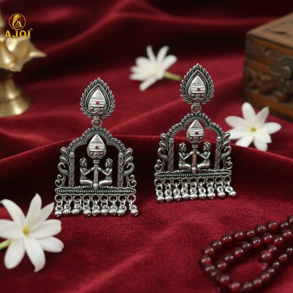 Oxidized Silver Temple Earrings – White Pearl Traditional Charm