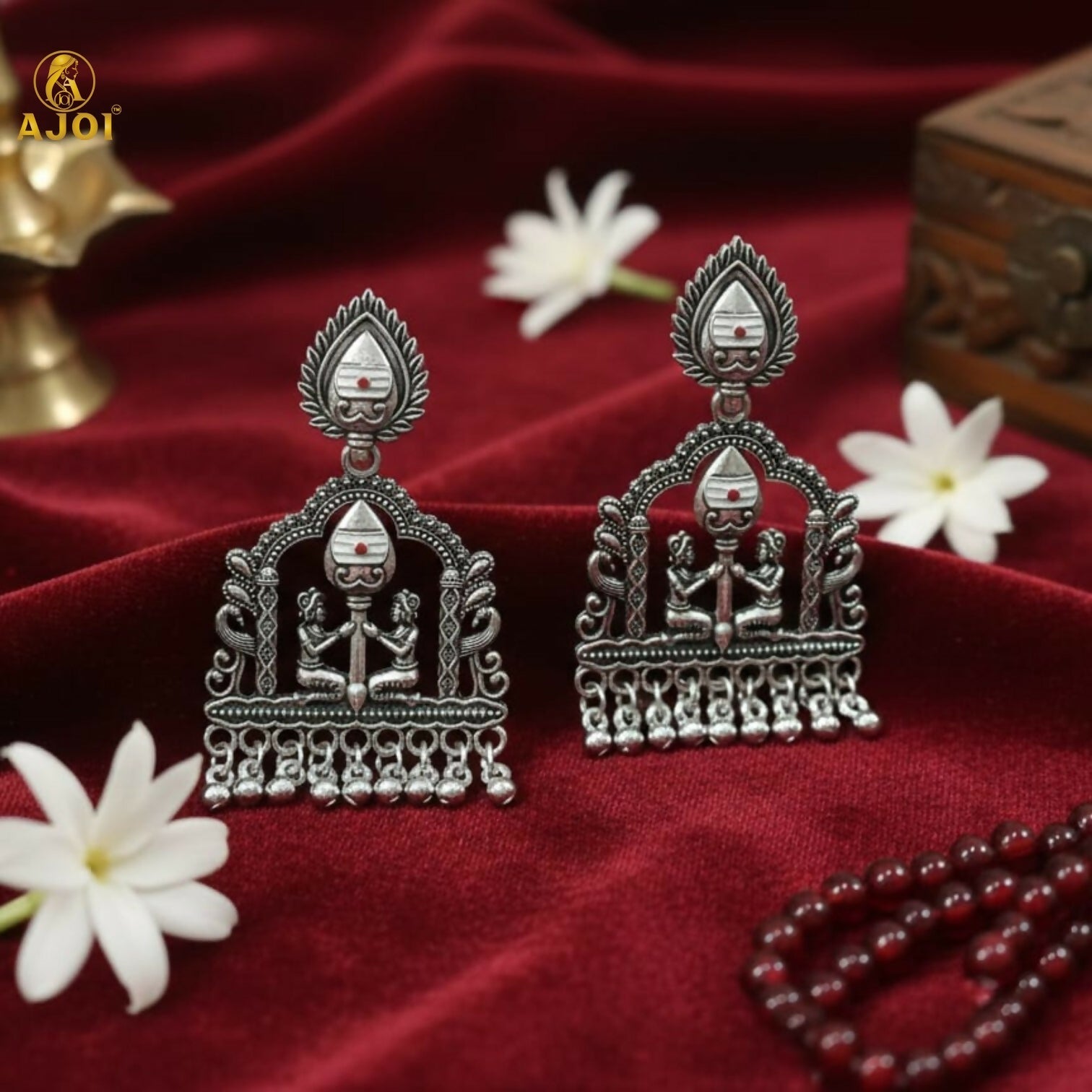 Oxidized Silver Temple Earrings – White Pearl Traditional Charm
