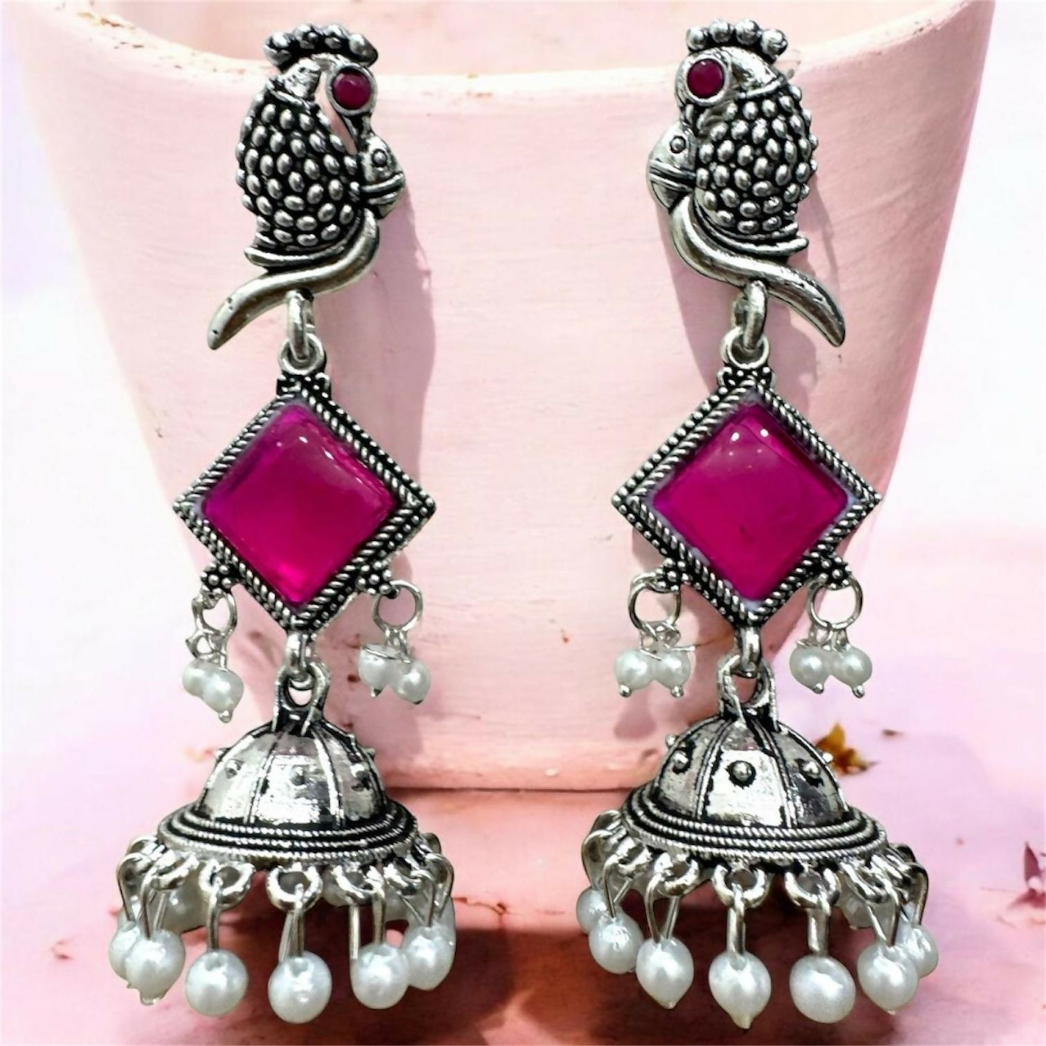 Oxidised Silver Pink Stone Jhumka Earrings – Parrot Design with Pearls