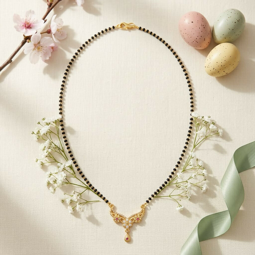 Gold-Tone Floral Pendant Mangalsutra Necklace for Women with Black Bead Chain