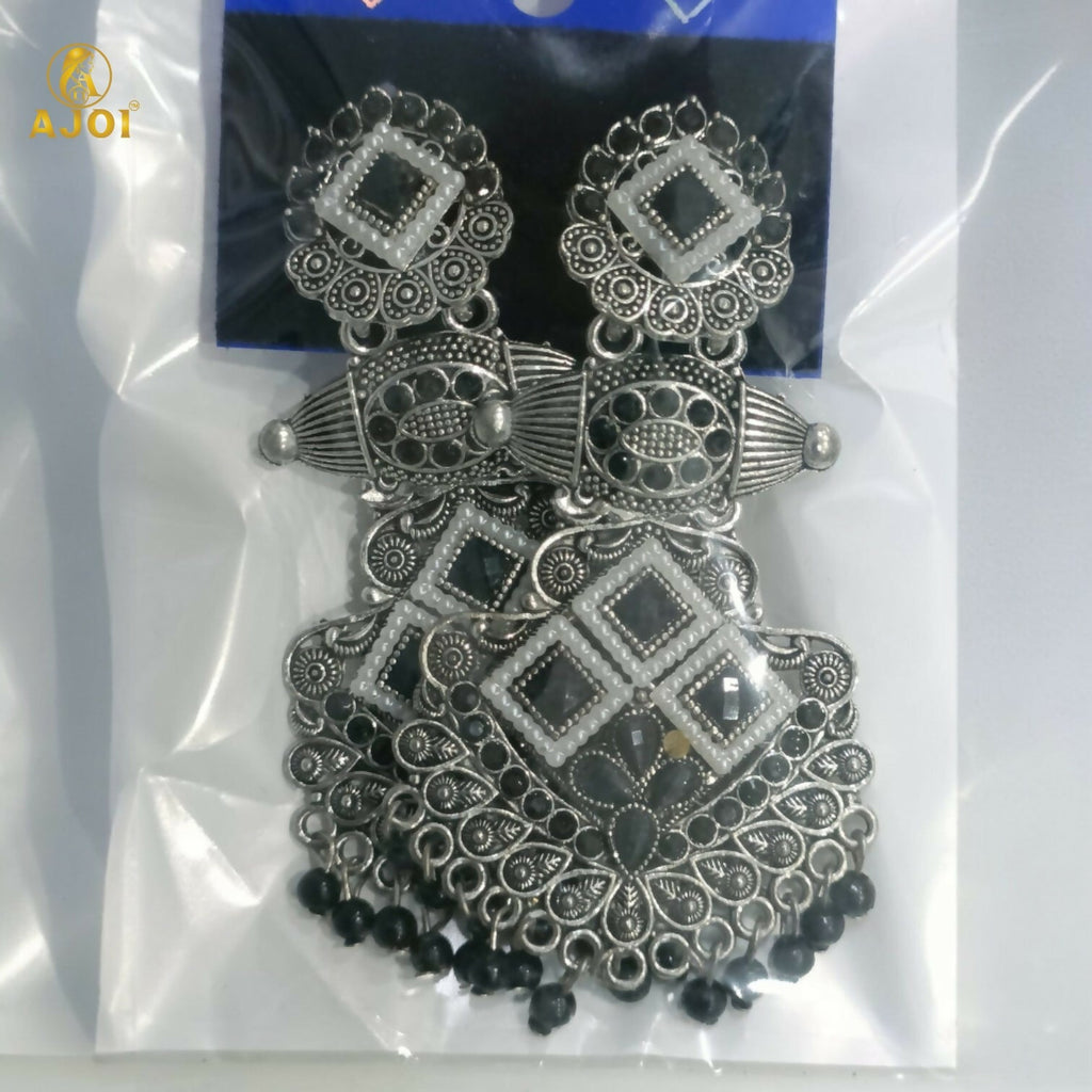 Oxidized Silver Chandbali Earrings – Elegant Black Stone Design