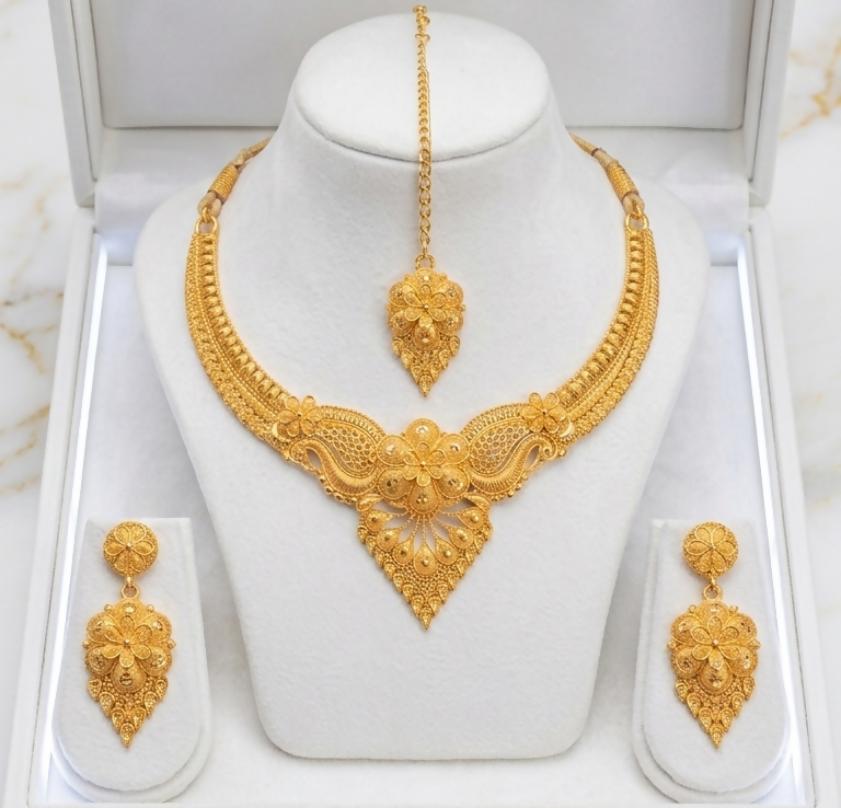 Gold Plated Bridal Necklace Set with Earrings and Maang Tikka Traditional Jewellery