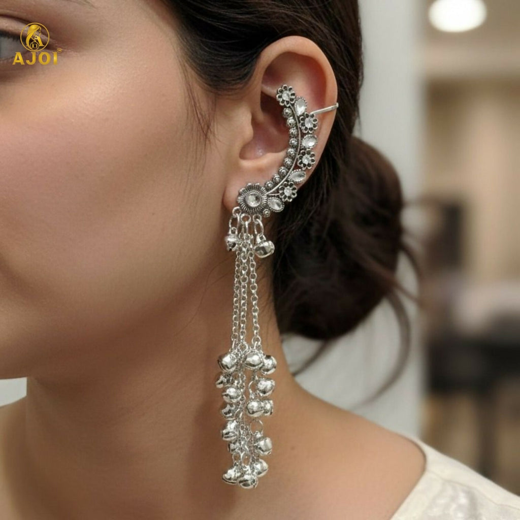 Silver Oxidised Chandbali Jhumka Earrings with Ghungroo Dangles – Elegant Festive Jewellery