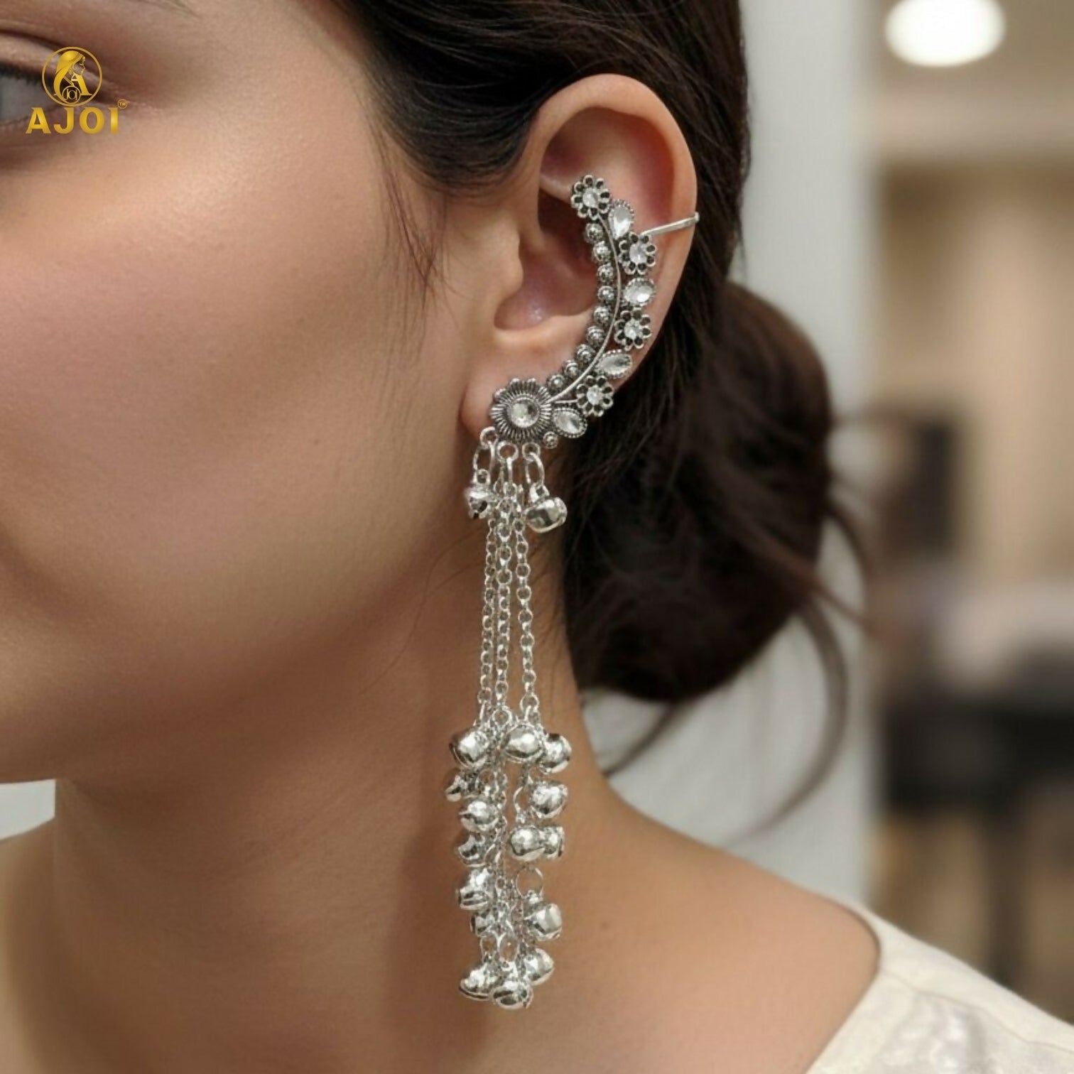 Silver Oxidised Chandbali Jhumka Earrings with Ghungroo Dangles – Elegant Festive Jewellery