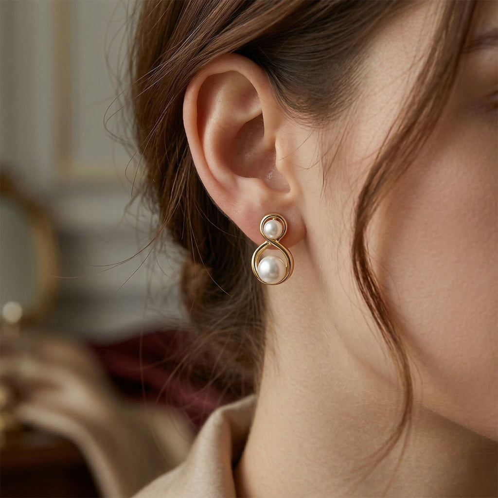 Korean Pearl Stud Earrings – Elegant Infinity Design