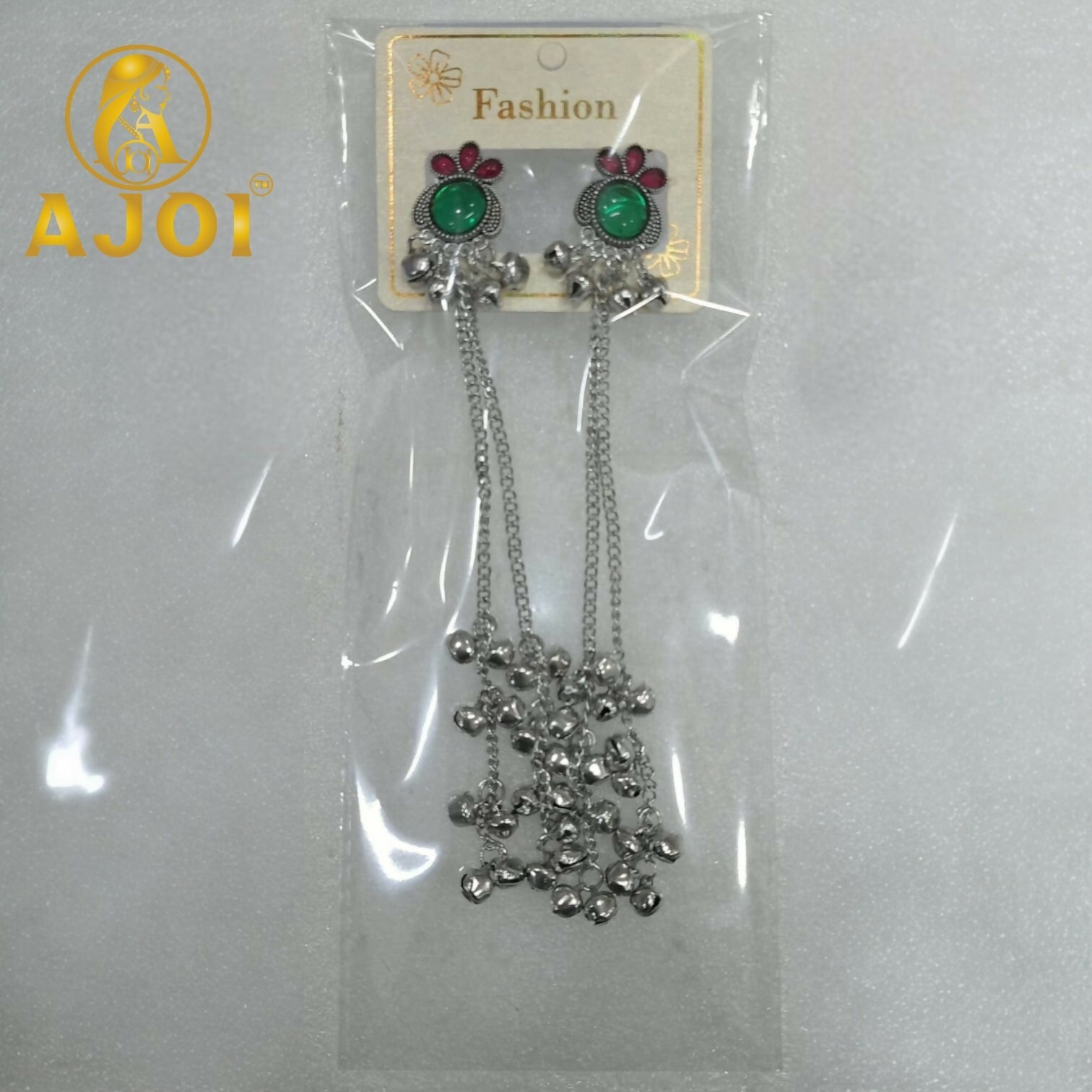 Green Stone Silver Ghungroo Chain Earrings – Regal Elegance
