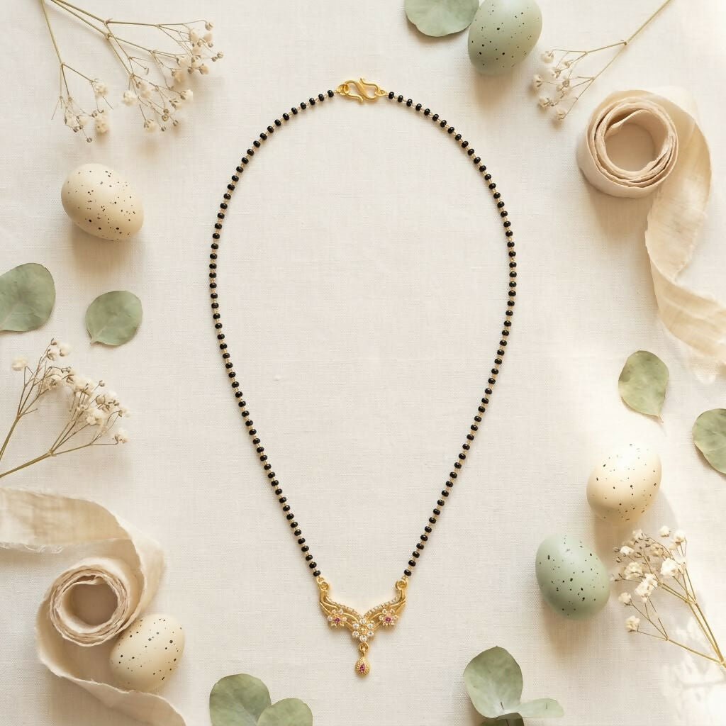 Gold-Tone Floral Pendant Mangalsutra Necklace for Women with Black Bead Chain