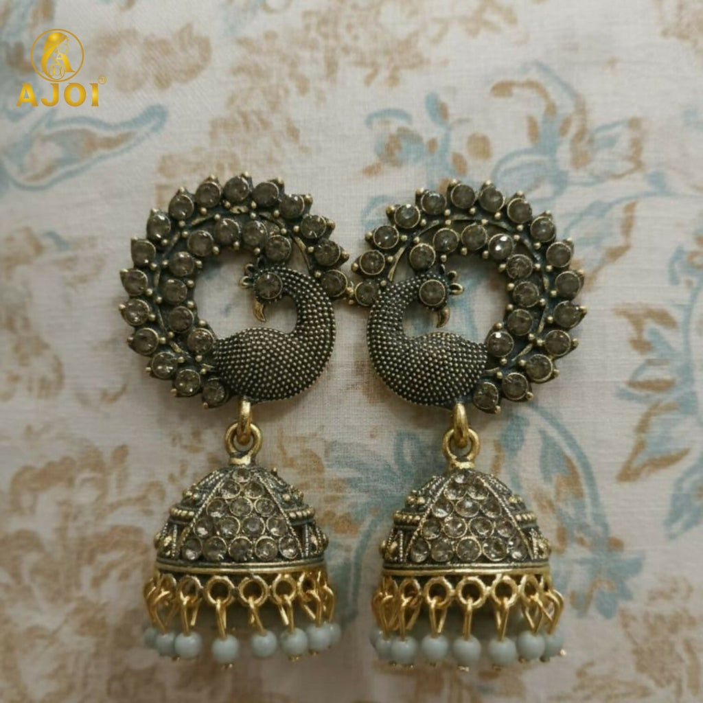 Peacock Design Jhumka Earrings – Antique Grey Elegance