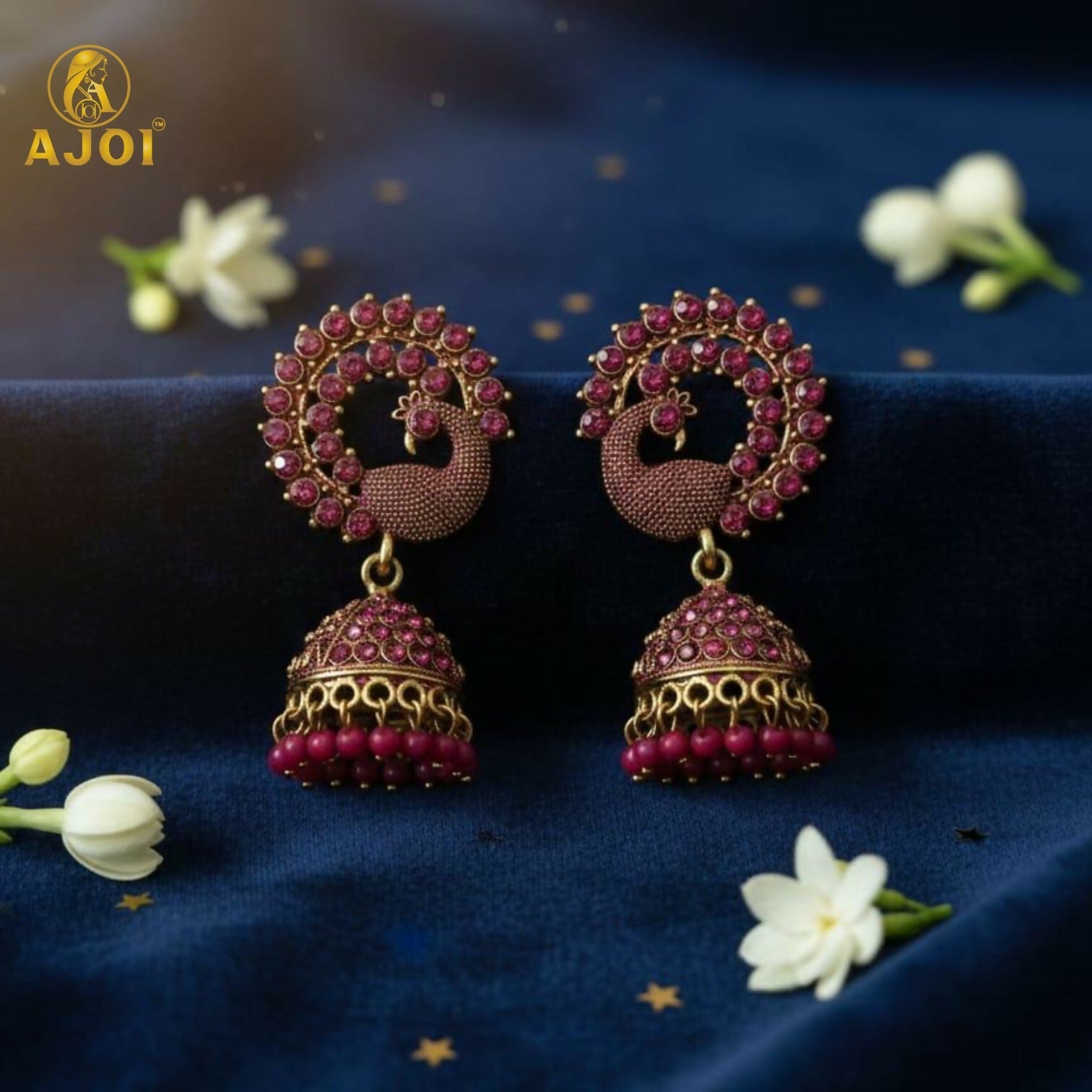 Peacock Motif Jhumka Earrings – Ruby-Tone Antique Gold Finish