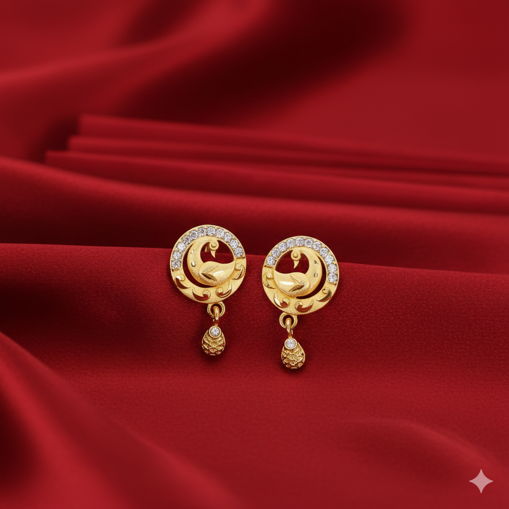 Peacock Gold Stud Earrings – Elegant 22K Gold with AD Sparkle