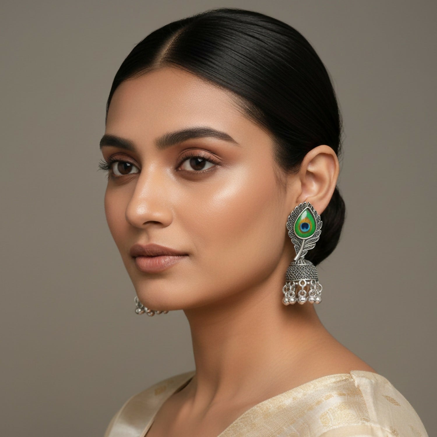 Oxidised Silver Jhumka Earrings – Elegant Peacock Feather Design
