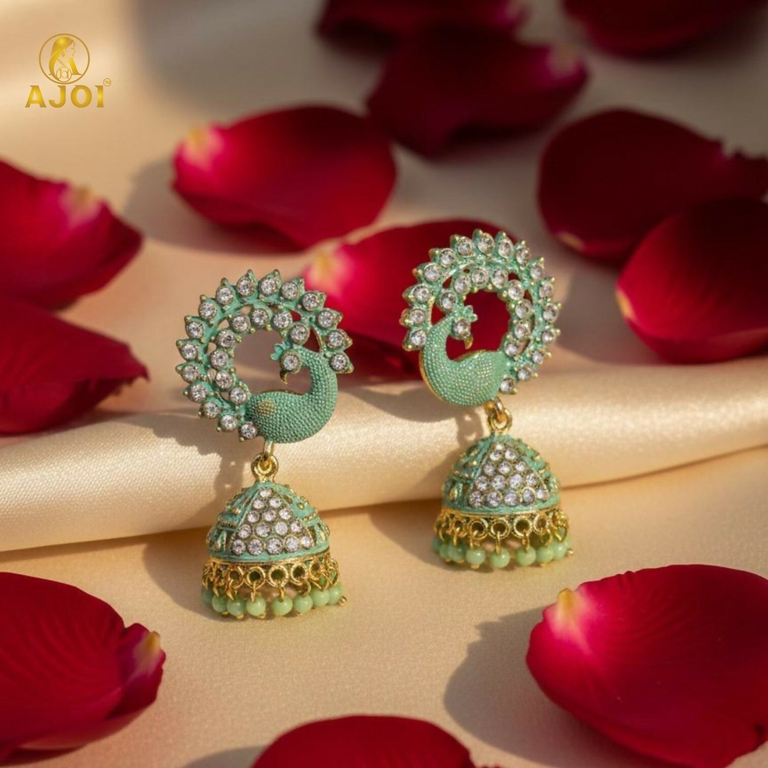 Peacock Stone Jhumka Earrings – Elegant Mint Green Festive Jewelry