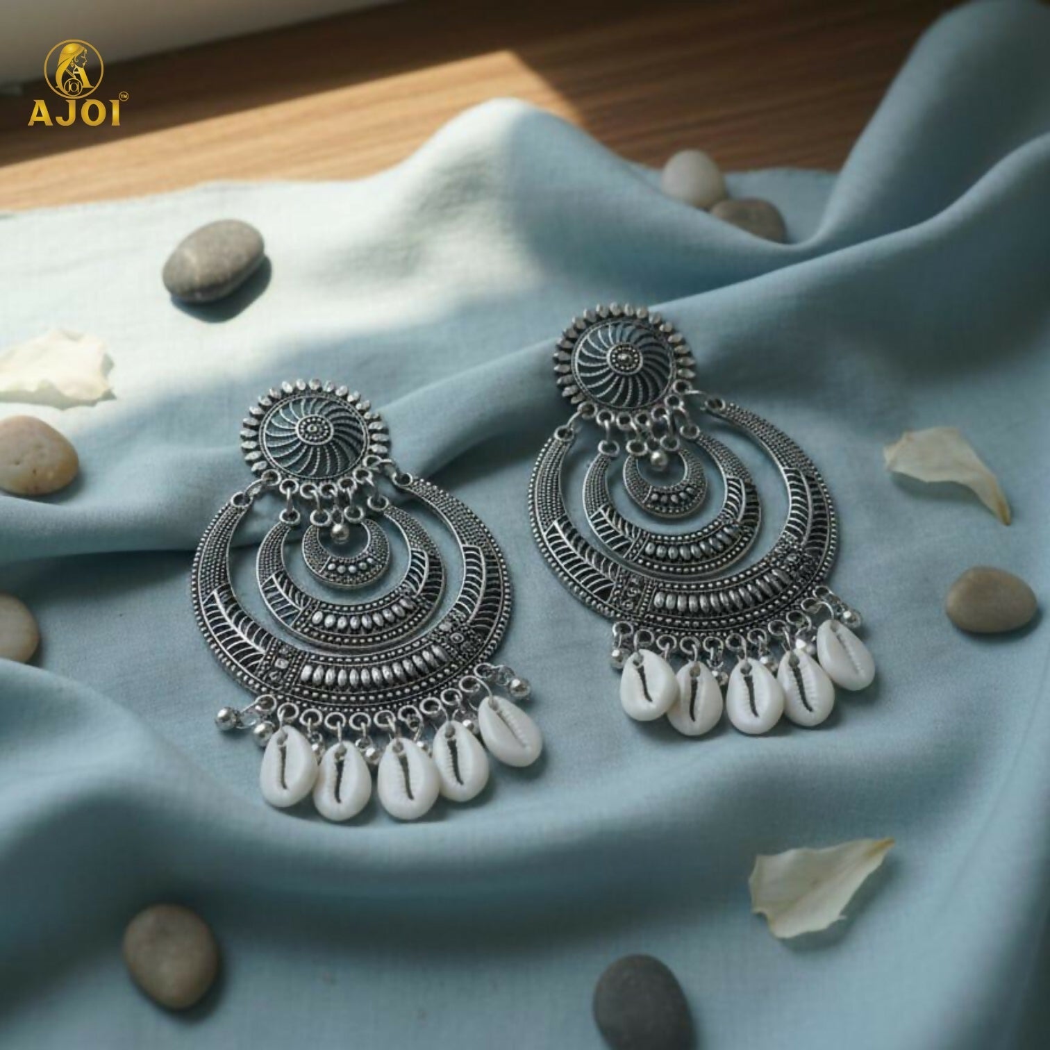 Oxidized Silver Chandbali Earrings with Cowrie Shell Drops
