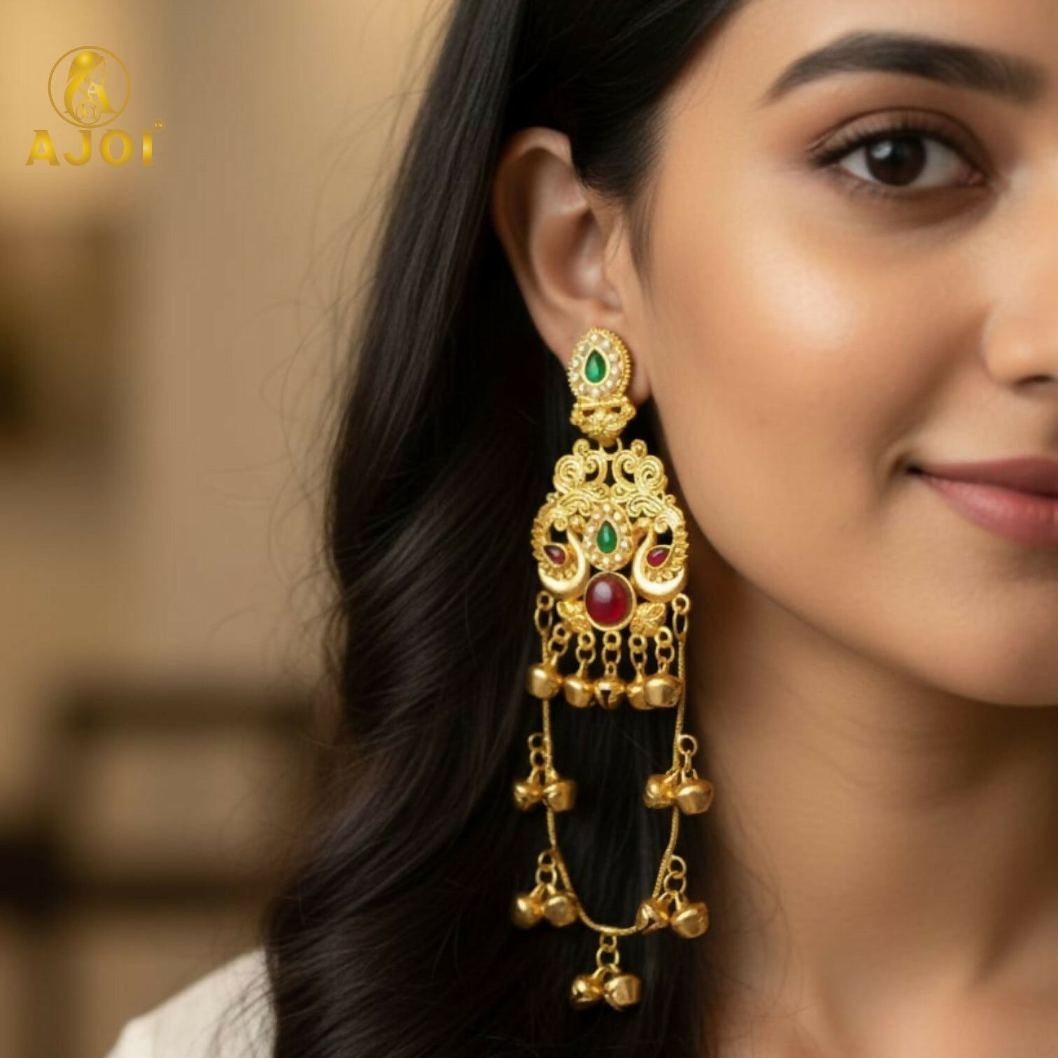 Kashmiri Traditional Gold-Plated Ghungroo Earrings with Green Ruby Stones