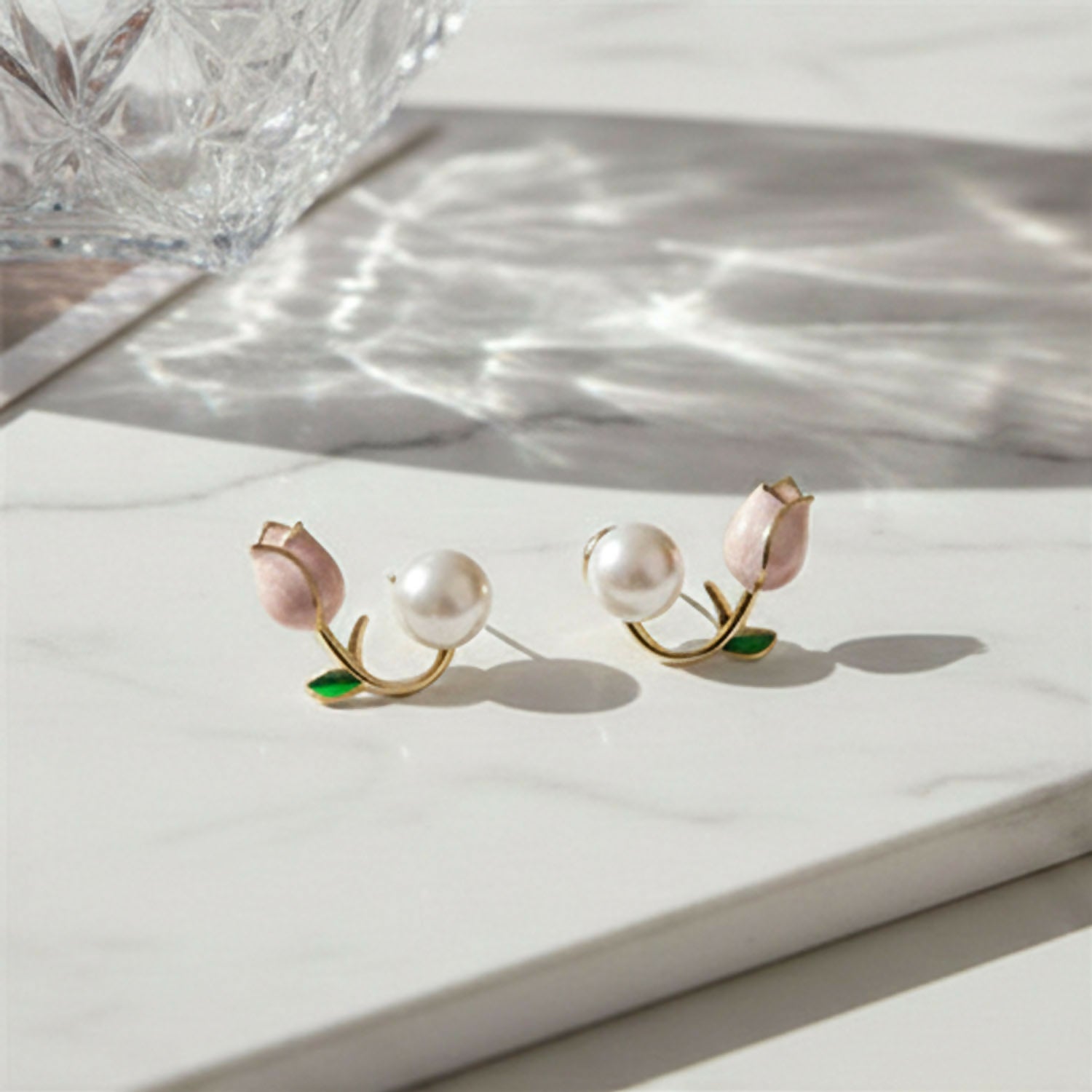 Korean Style Earrings – Dainty Enamel Tulip & Round Pearl
