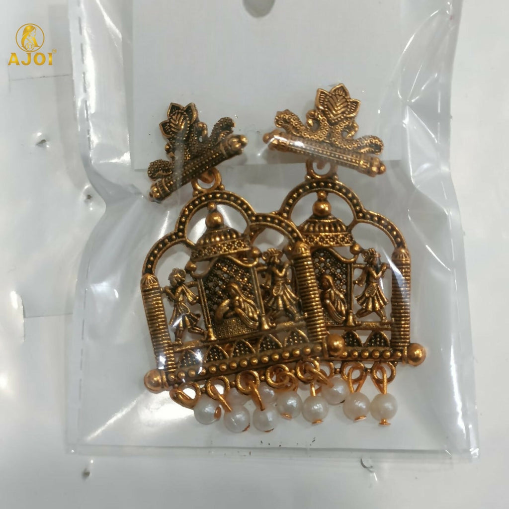 Royal Doli Motif Temple Earrings – Gold-Tone with Pearl Danglers