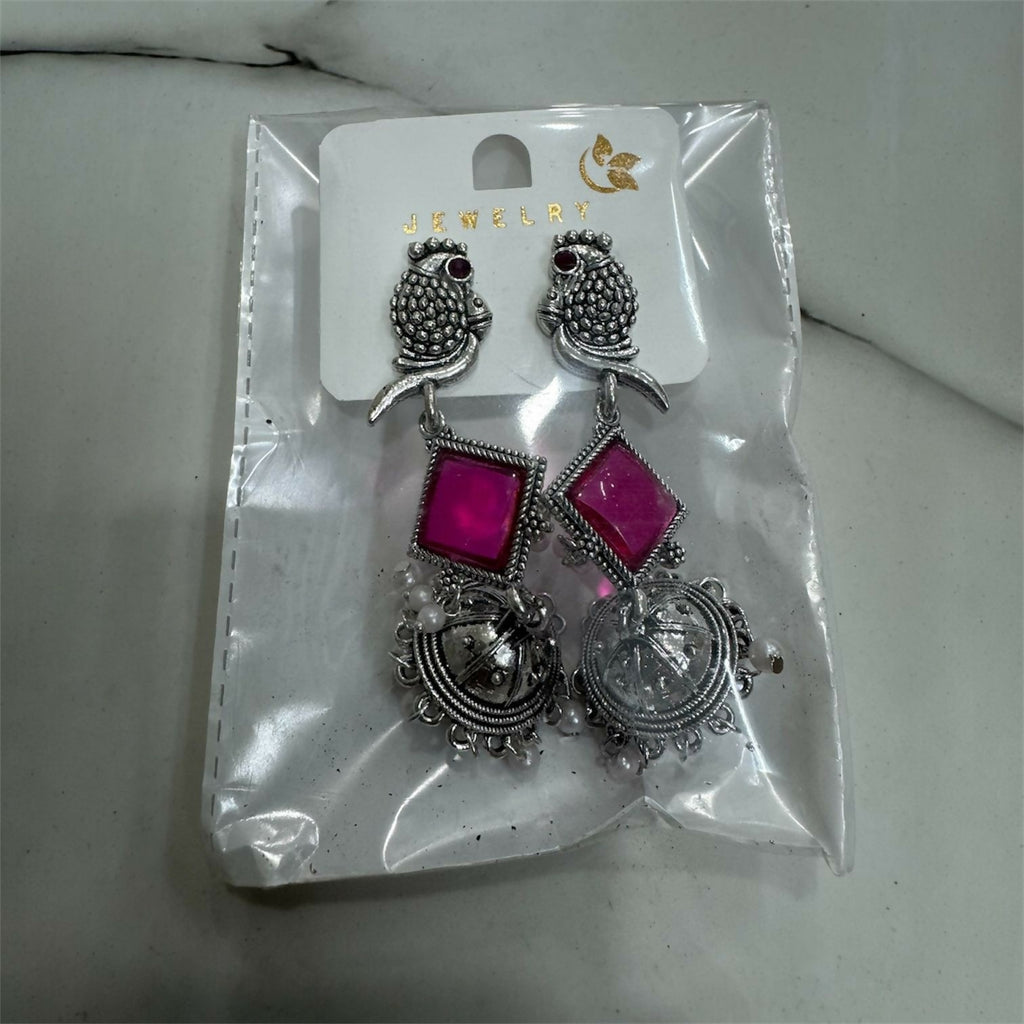 Oxidised Silver Pink Stone Jhumka Earrings – Parrot Design with Pearls