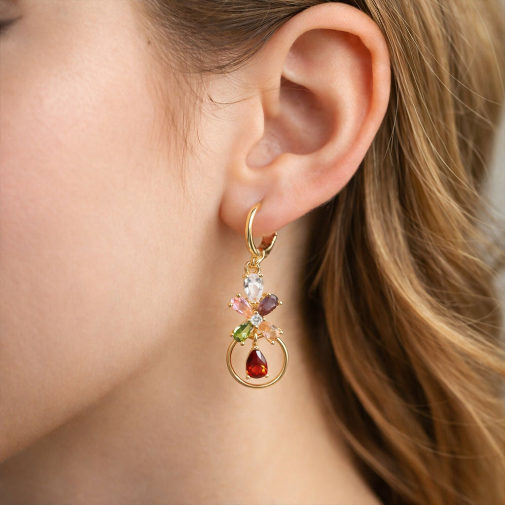 Floral Crystal Hoop Earrings – Elegant Multicolor Gold-Tone Drop