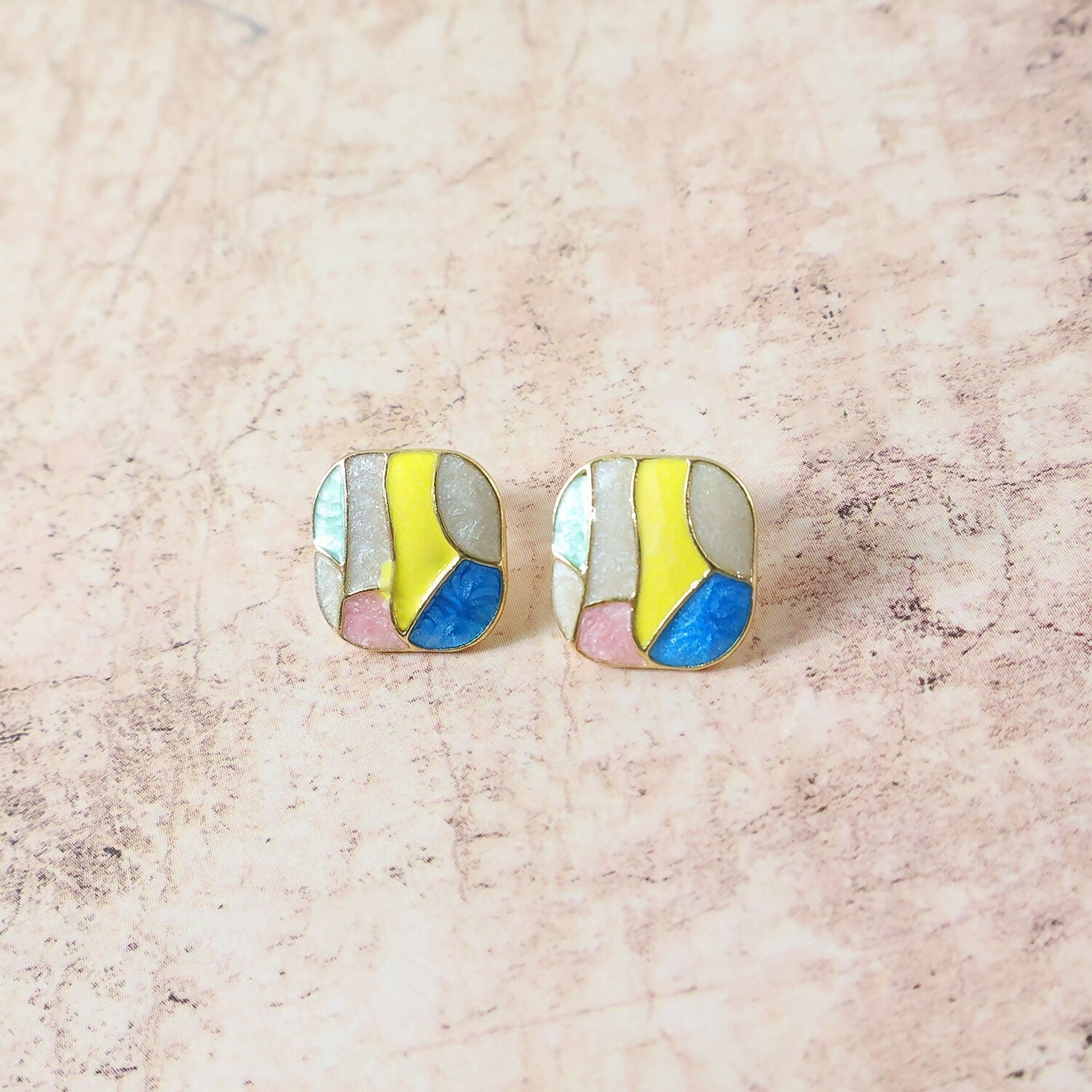 Multicolor Enamel Stud Earrings – Korean Style Geometric Design