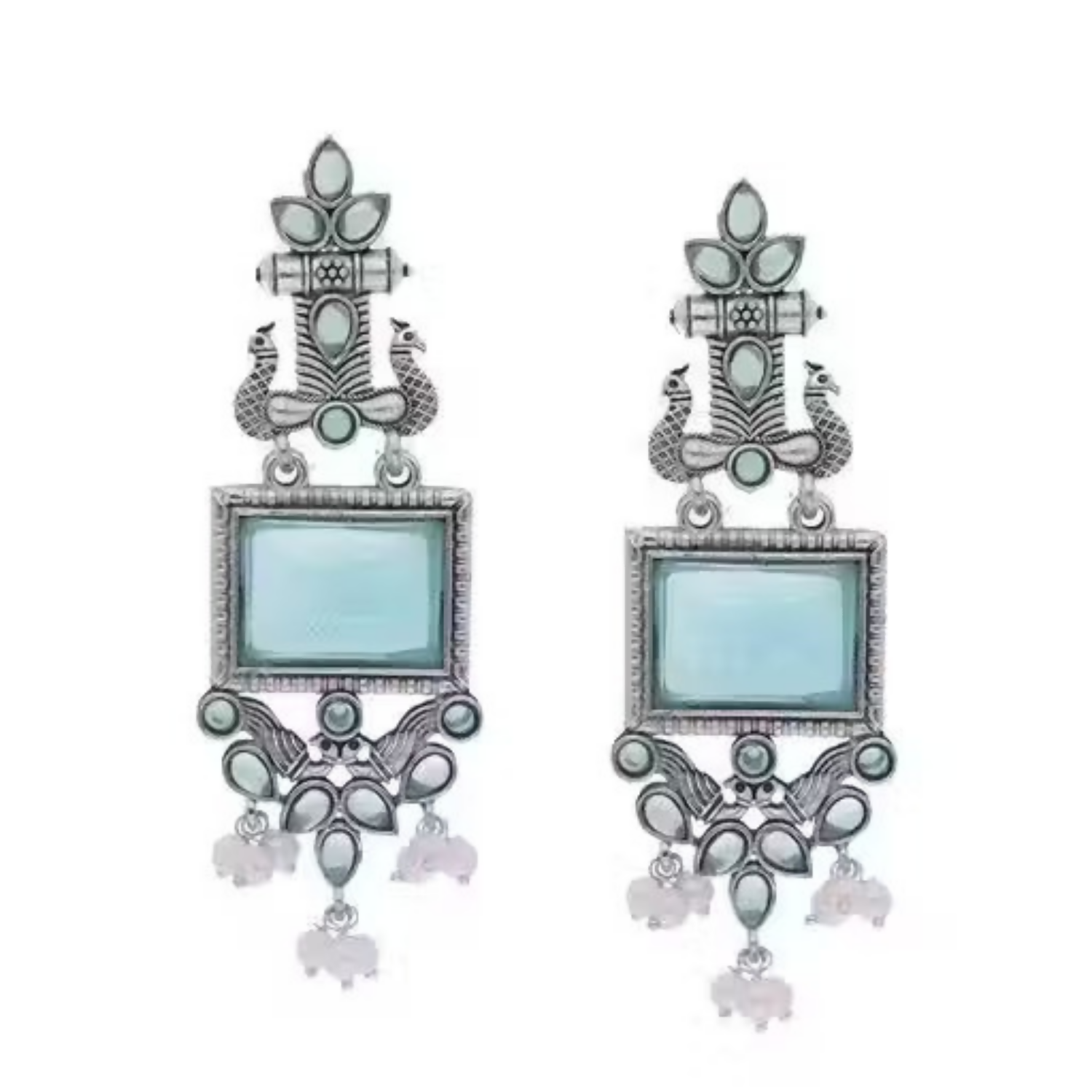 Oxidized Silver Earrings – Blue Stone & Pearl Drop