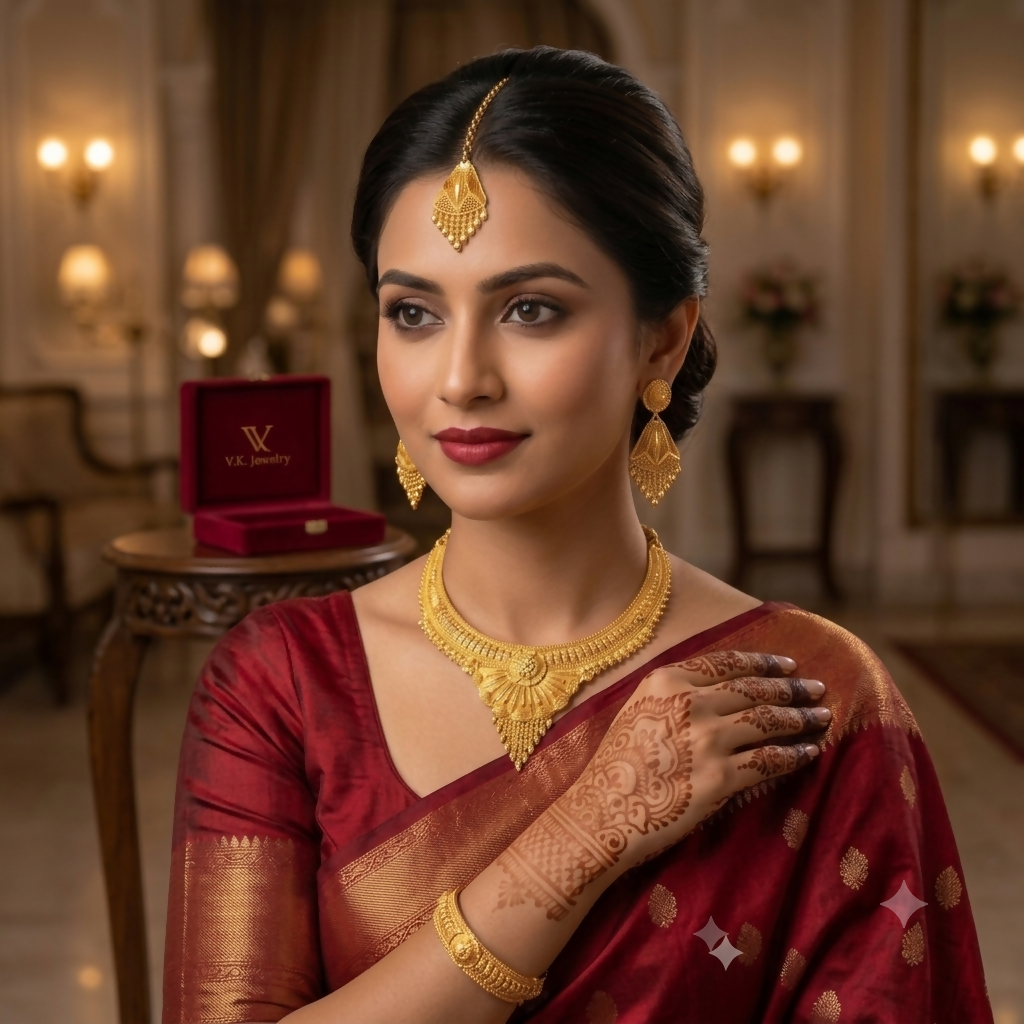 1 Gram Gold Plated Solid Hasali Temple Jewellery Necklace Set with Matching Earrings for Women