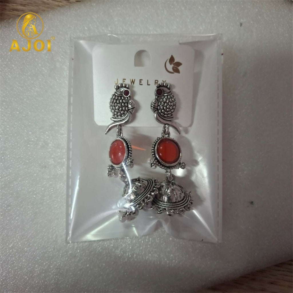 Peacock Jhumka Earrings – Antique Silver with Red Stone & Pearls
